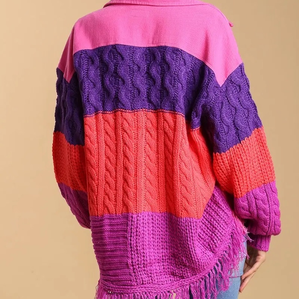 New Umgee Hi Low Fringe Button Down Sweater Shacket Cable Knit Pink Colorblock - Picture 2 of 8